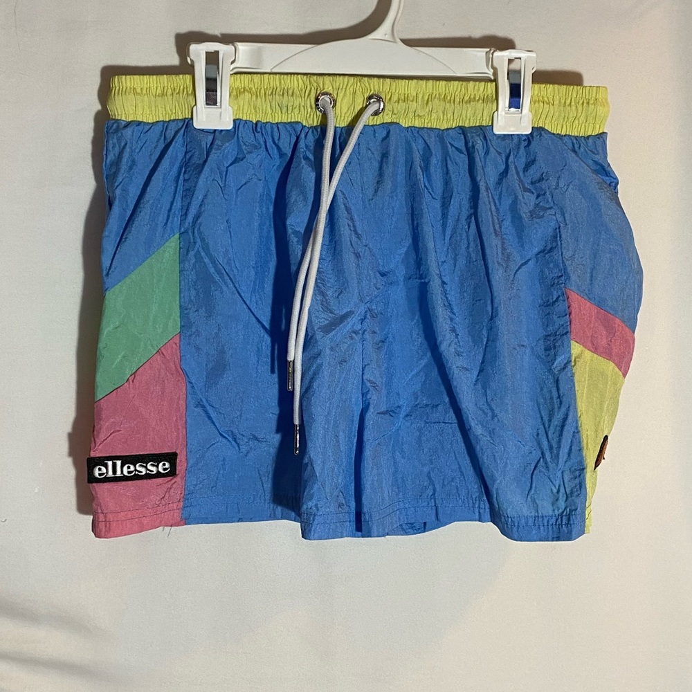 Ellesse Blue and Green Athletic Shorts with Color-Blocking Design, Size Large